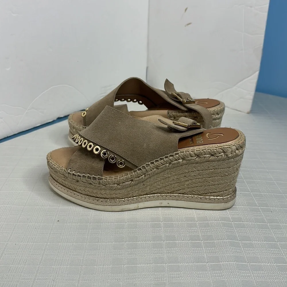 Kanna taupe leather crisscross grommet lined wedge Espriella sandals
